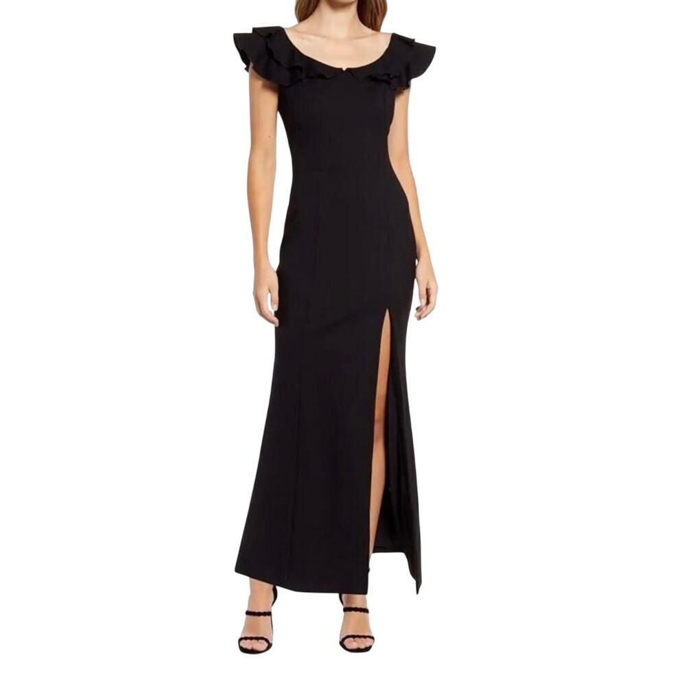 Elliatt Black Wide Neck Ruffle Shoulder Thigh High Slit Maxi Dress Wedding Guest